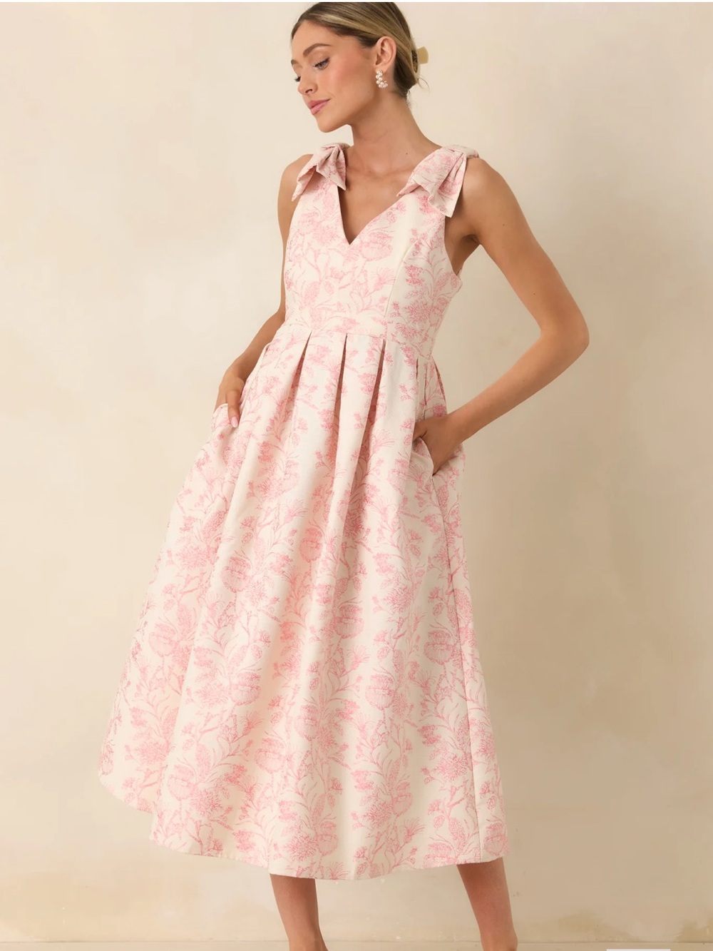 Red Dress Boutique Pink Floral Midi Dress with Bow Straps